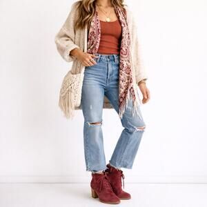 TOMS Lunata Oxblood Suede Booties Block Heel Lace Up Ankle Boots Size 6